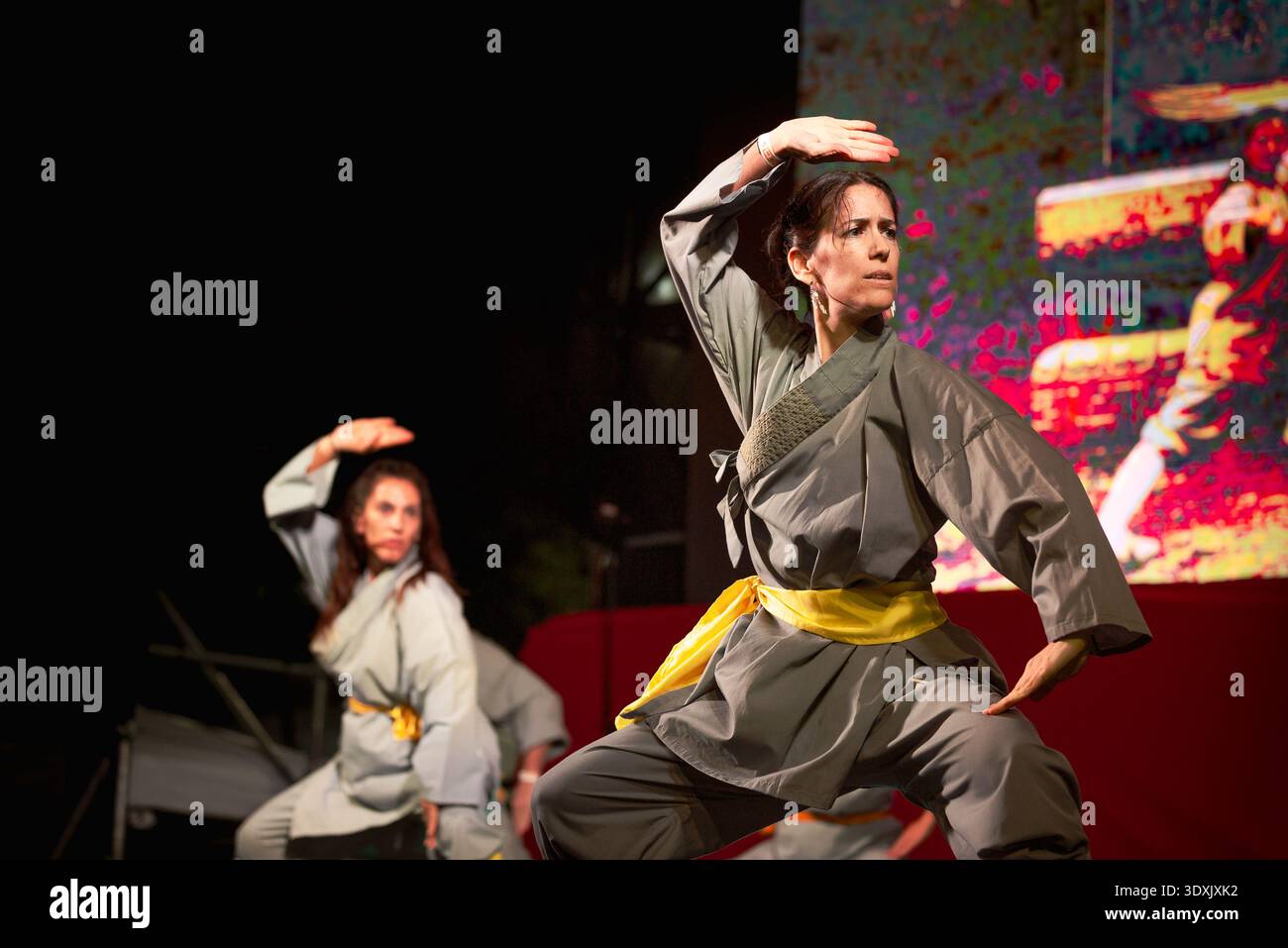 Kung fu tradizionale e dimostrazione di arti marziali durante il festival del capodanno cinese a Buenos Aires. Atleti che eseguono movimenti dinamici. Foto Stock