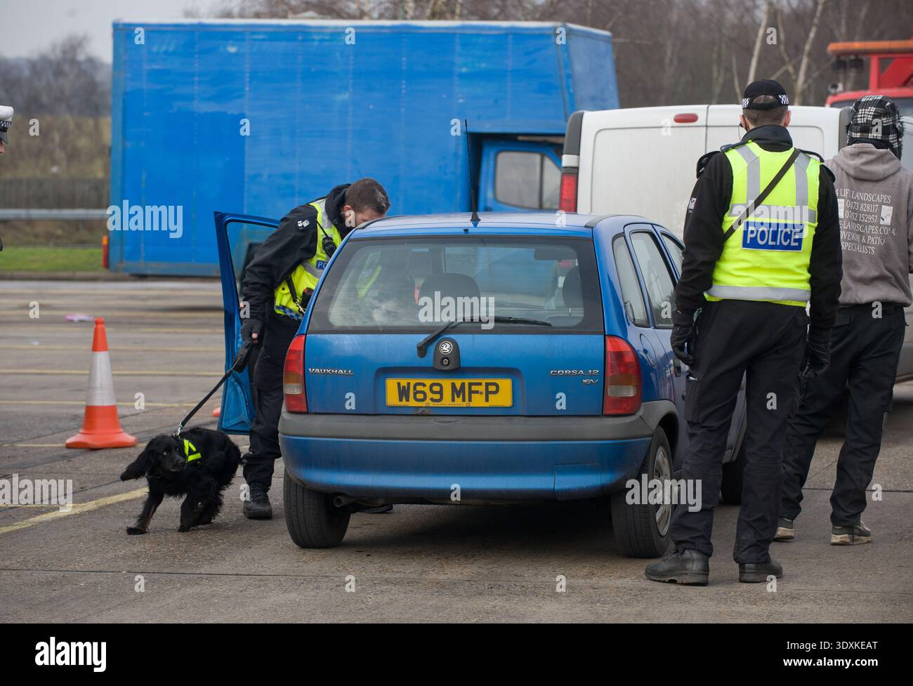 Gli agenti di polizia e le unità canine specializzate impiegano cani da sniffer passivi per rilevare droghe e contrabbando nei veicoli. A differenza dei cani proattivi, un cane a rilevazione passiva fornisce una sottile indicazione di "siede" o "congelamento" quando identifica l'odore di una sostanza controllata. Nel 2026, queste unità sono addestrate per rilevare oppioidi sintetici, come i nitazeni, insieme ai farmaci di classe A e B. Un'indicazione positiva fornisce le basi giuridiche per una ricerca ai sensi del Misuse of Drugs Act 1971. Queste operazioni interrompono le reti di trasporto illecite e migliorano la sicurezza pubblica nei posti di controllo stradali. Foto Stock