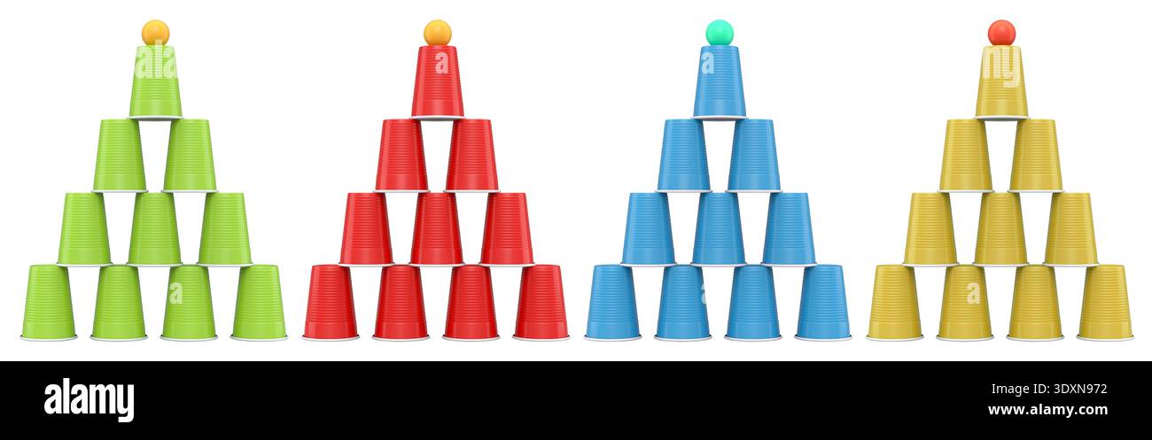 Set di tazze di plastica e palline da ping pong colorate isolate su sfondo bianco, concetto di giochi da festa e divertimento Foto Stock