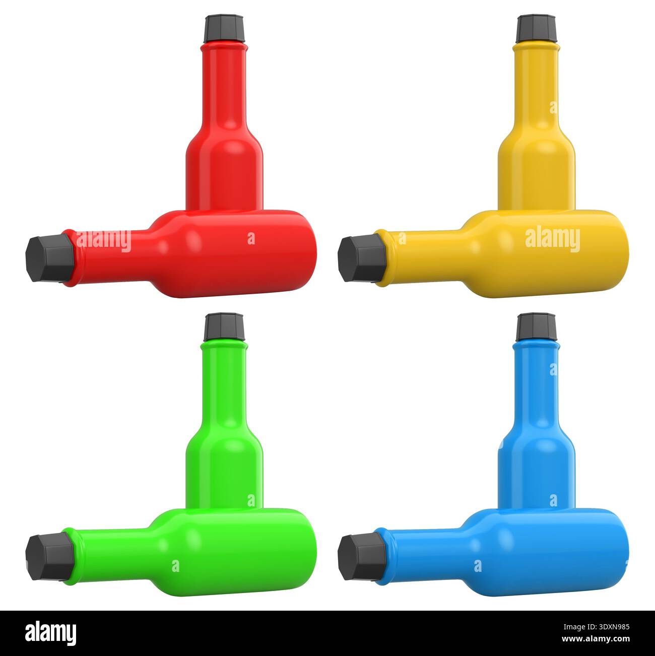 Set di bottiglie di salsa in plastica lucida con tappi colorati, isolate su sfondo bianco, concetto di utensili da cucina Foto Stock
