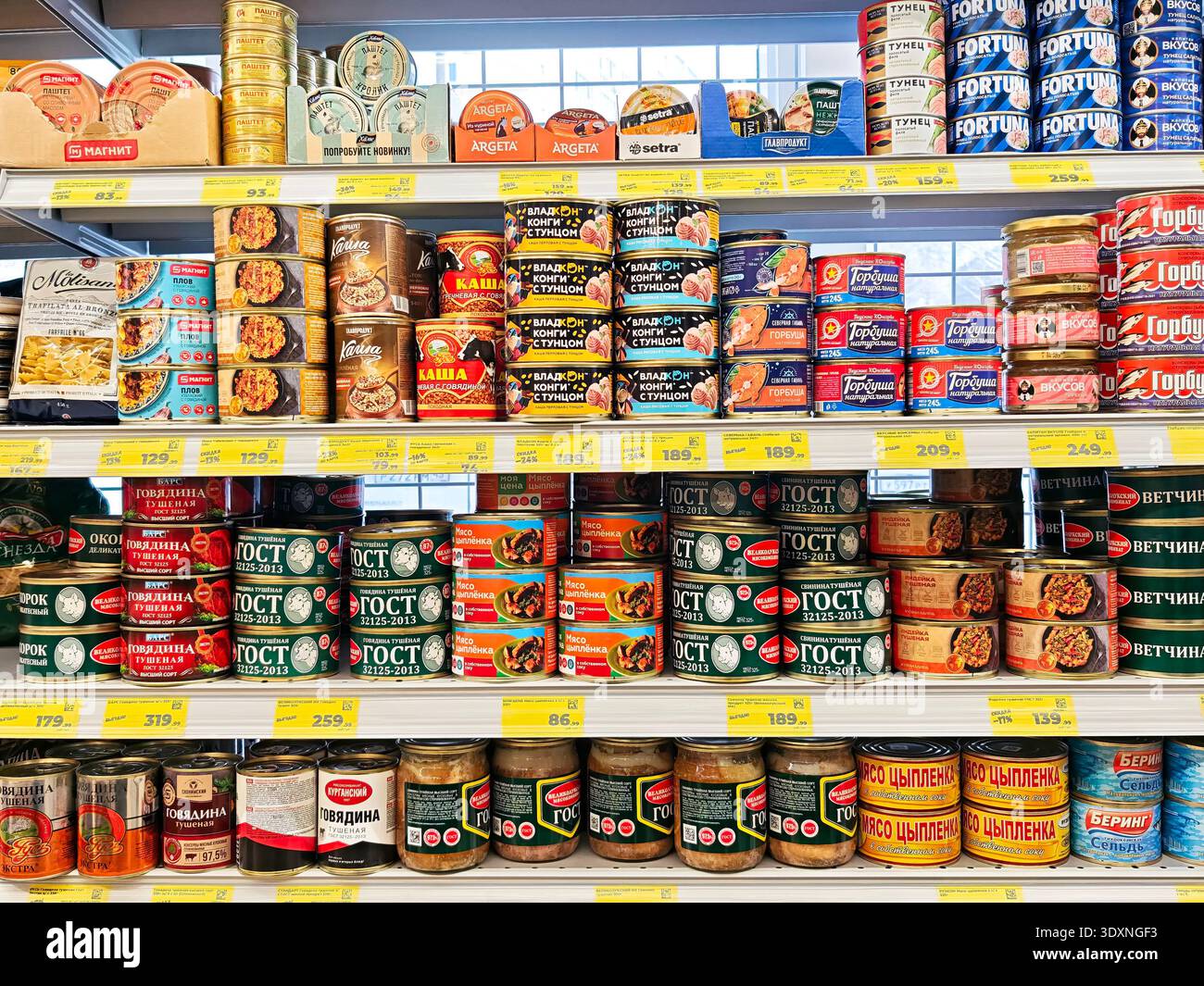 Kirov, Russia - 12 gennaio 2026: Un cliente esamina una vasta selezione di prodotti alimentari in scatola sugli scaffali di un negozio di alimentari durante lo shopping Foto Stock