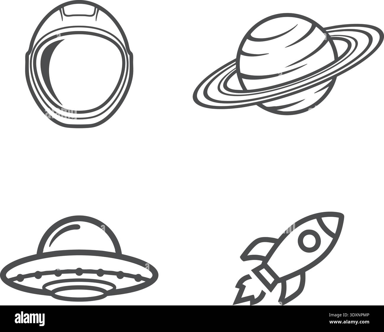 Un set di illustrazioni a linee monocromatiche con elementi a tema spaziale Illustrazione Vettoriale