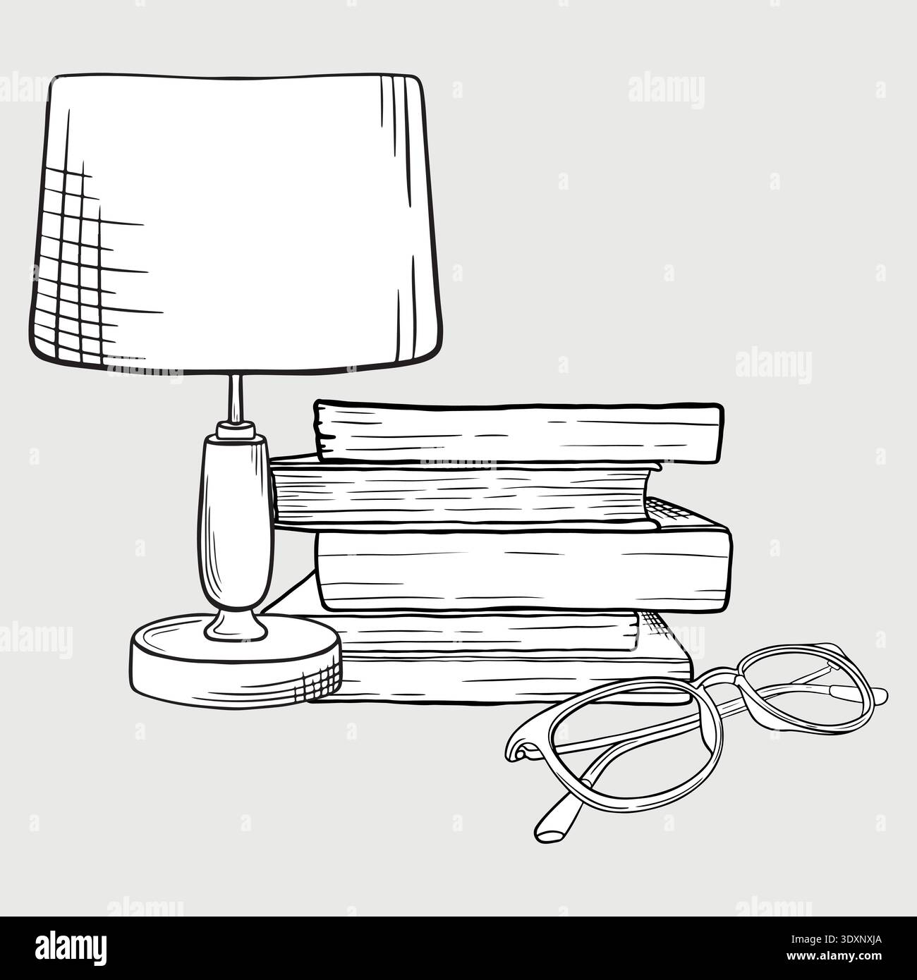 Illustrazione in bianco e nero di una lampada da scrivania accanto a libri impilati e occhiali da lettura su uno sfondo semplice, che enfatizza i temi di lettura e studio Illustrazione Vettoriale