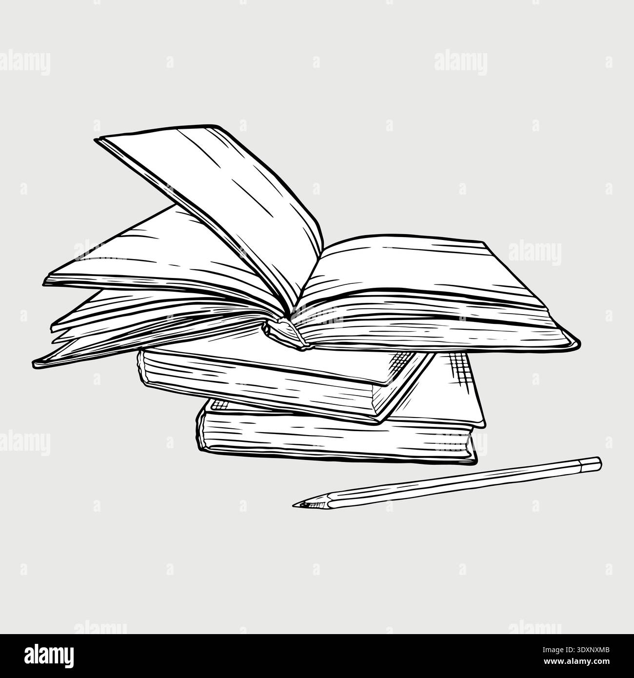 Illustrazione di una pila di libri con un libro aperto in cima e una matita, che rappresenta l'istruzione, l'apprendimento, la letteratura e la conoscenza in bianco e nero Illustrazione Vettoriale