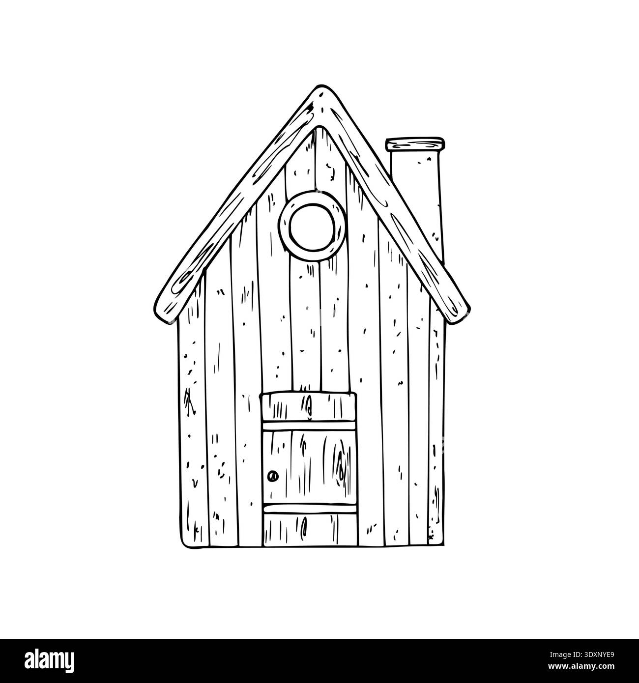 Graziosa casa per uccelli vettoriale con porta e camino. Casa di primavera grafica, illustrazione di pasqua disegnata a mano isolata sullo sfondo. Botanica e clip art. Per Illustrazione Vettoriale