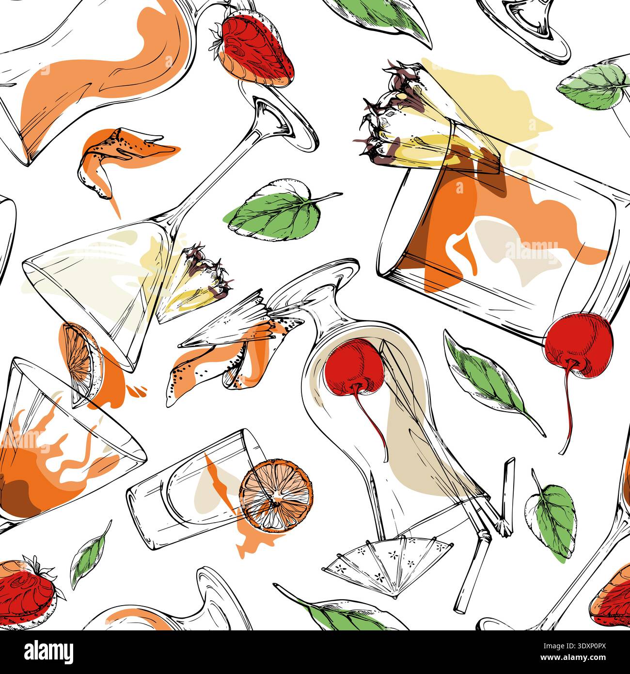 Drink tropicale mix di cocktail, shot e limonate, frullati. Piastrella di crema, arancio rosso senza cuciture con fette di agrumi. Schema disegnato a mano vettoriale per Illustrazione Vettoriale