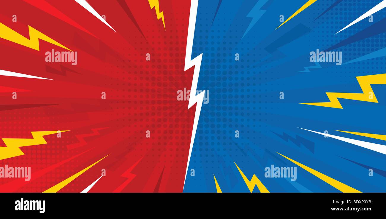Rispetto allo sfondo dei fumetti. Sfondo di battaglia tra rosso e blu e pop art con luci. Combatti in uno scenario comico diviso. Illustrazione Vettoriale