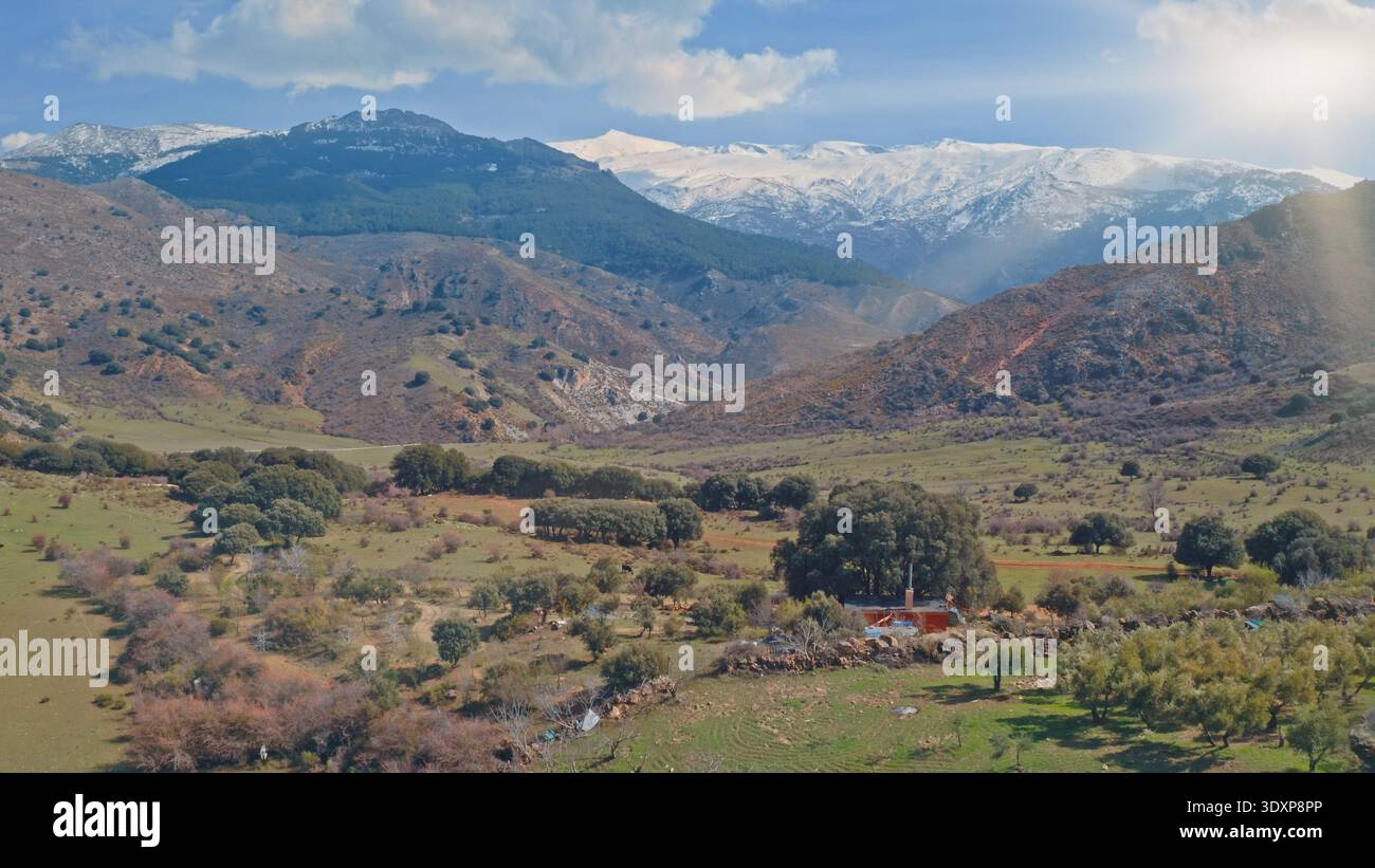 Vista aerea delle montagne della Sierra Nevada in Andalusia, Spagna, con vegetazione mediterranea arbusti selvatici lecci ginepro e prati alpini innevati Foto Stock