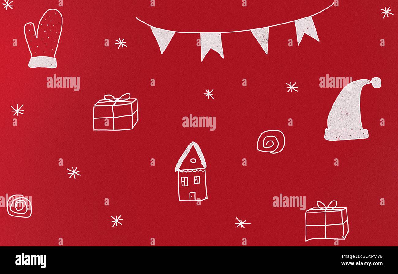 Affascinanti scarabocchi a tema natalizio, tra cui un cappello di Babbo Natale, guantoni, regali e una casa, il tutto su sfondo rosso. Perfetto per i design e l'avidità delle vacanze Foto Stock