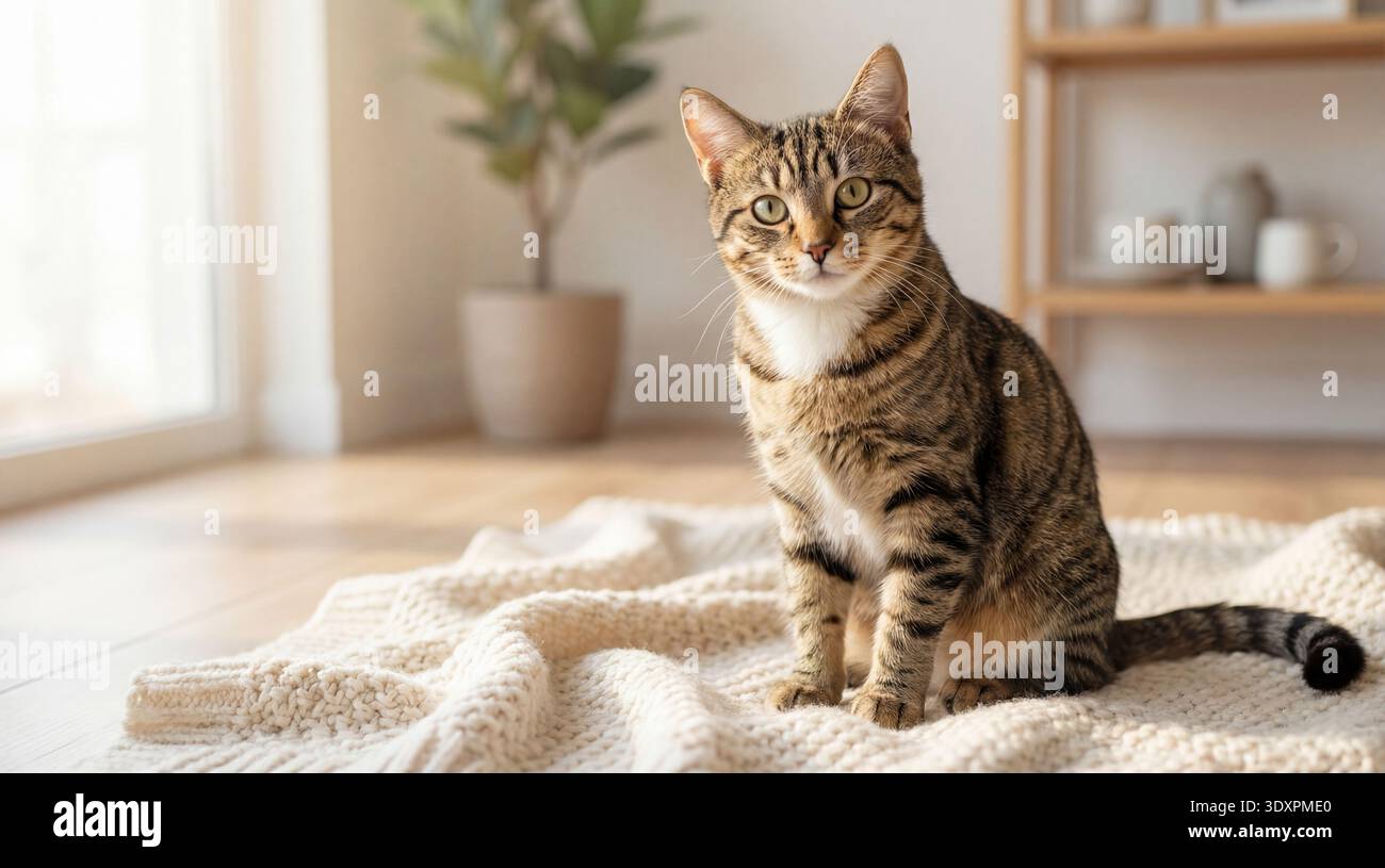 Questa affascinante fotografia mostra un gatto tabby marrone con strisce distinte e un pettorale bianco, appoggiato su una calda coperta a maglia testurizzata. Il gatto Foto Stock