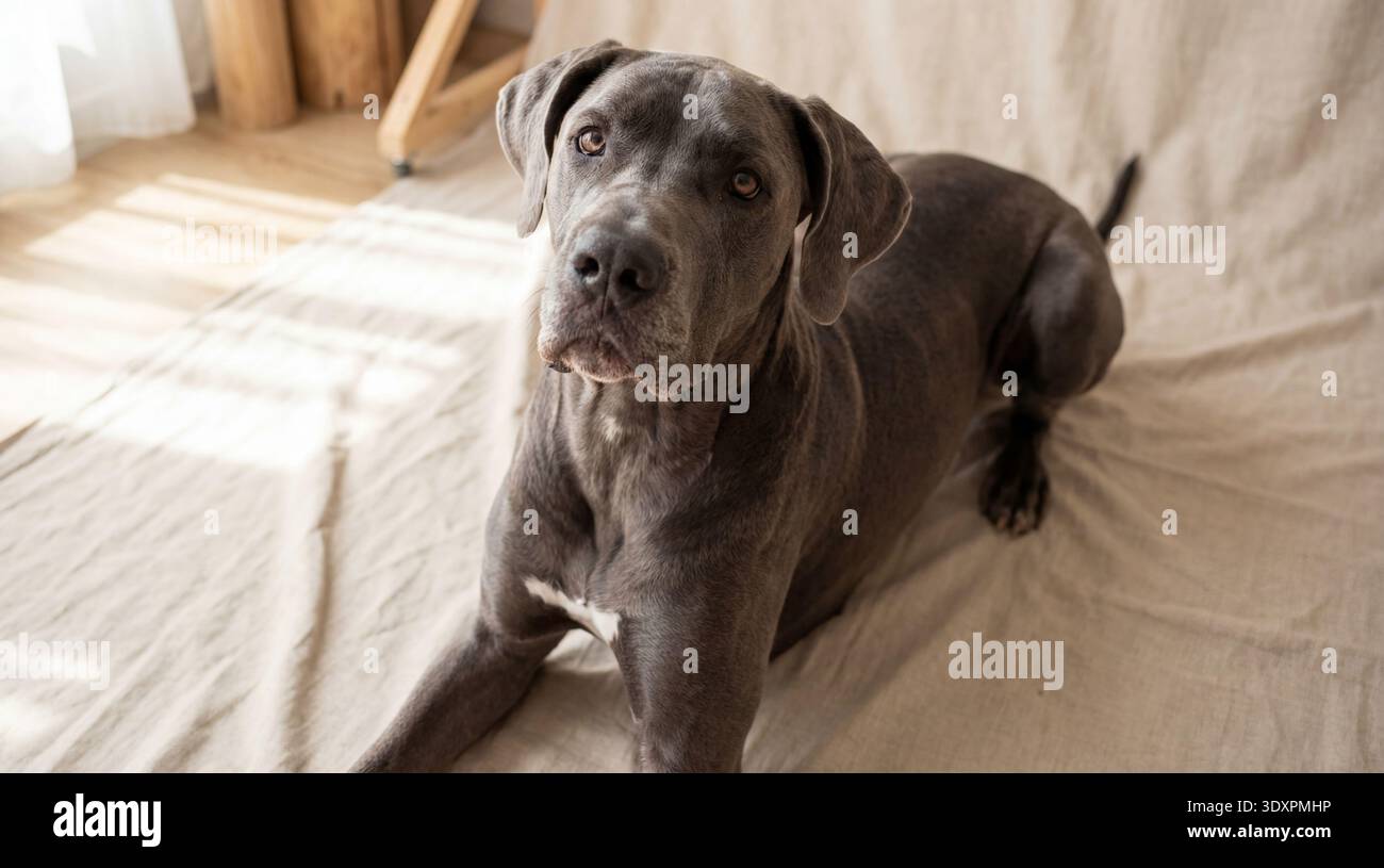 Uno scatto ravvicinato accattivante del volto di un grande danese, che si concentra sugli occhi espressivi e delicati. Il cane è sdraiato su un morbido dorso in tessuto neutro Foto Stock