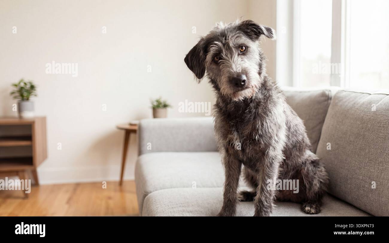 Questa fotografia cattura un cane di razza mista grigio e mercantile con occhi espressivi, seduto tranquillamente su un comodo divano grigio. Il cane e' posizionato in un noi Foto Stock