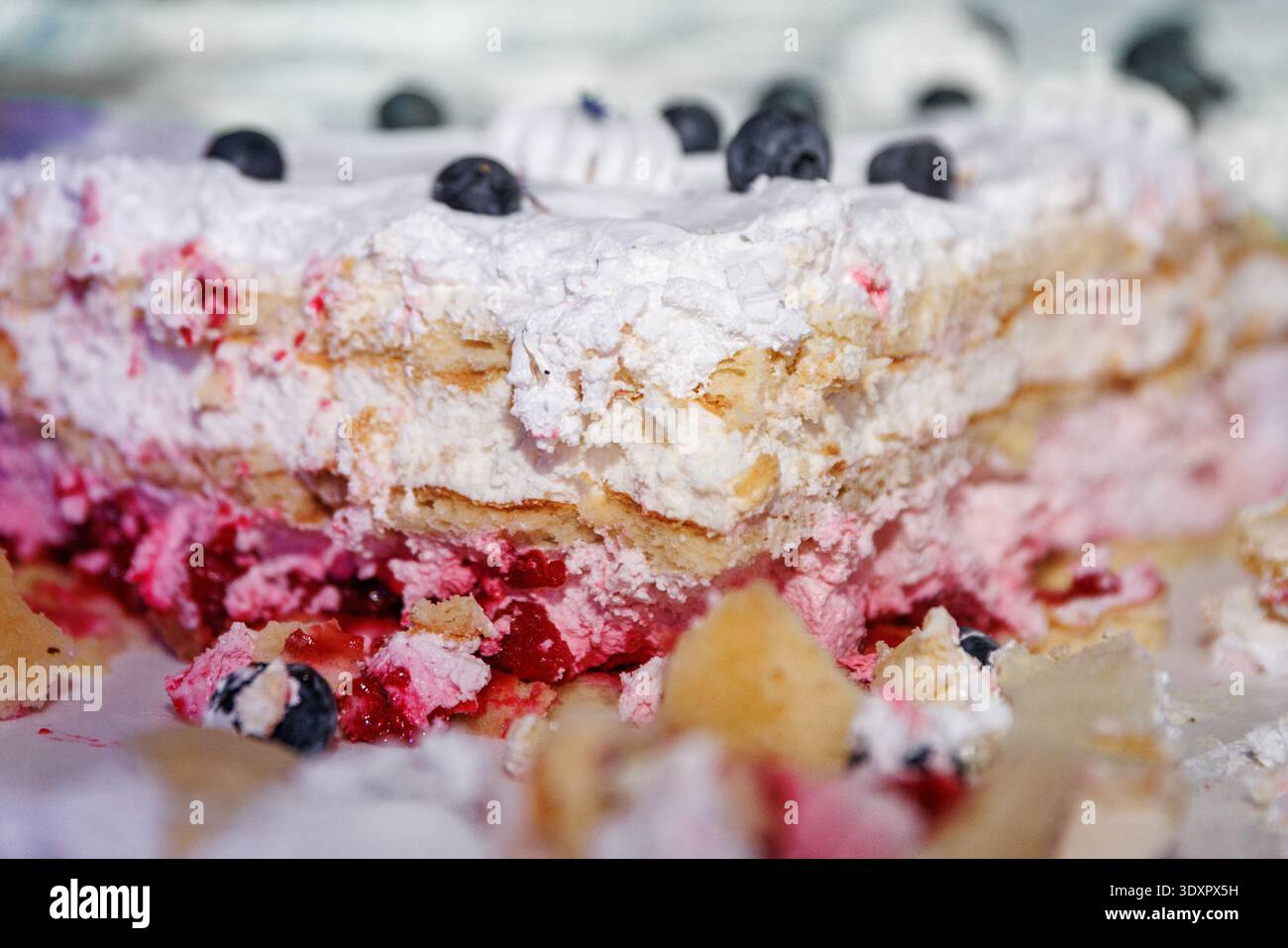 Una vista macro di una torta in spugna umida ricoperta di ripieno di bacche rosa e ricoperta di panna bianca. Foto Stock