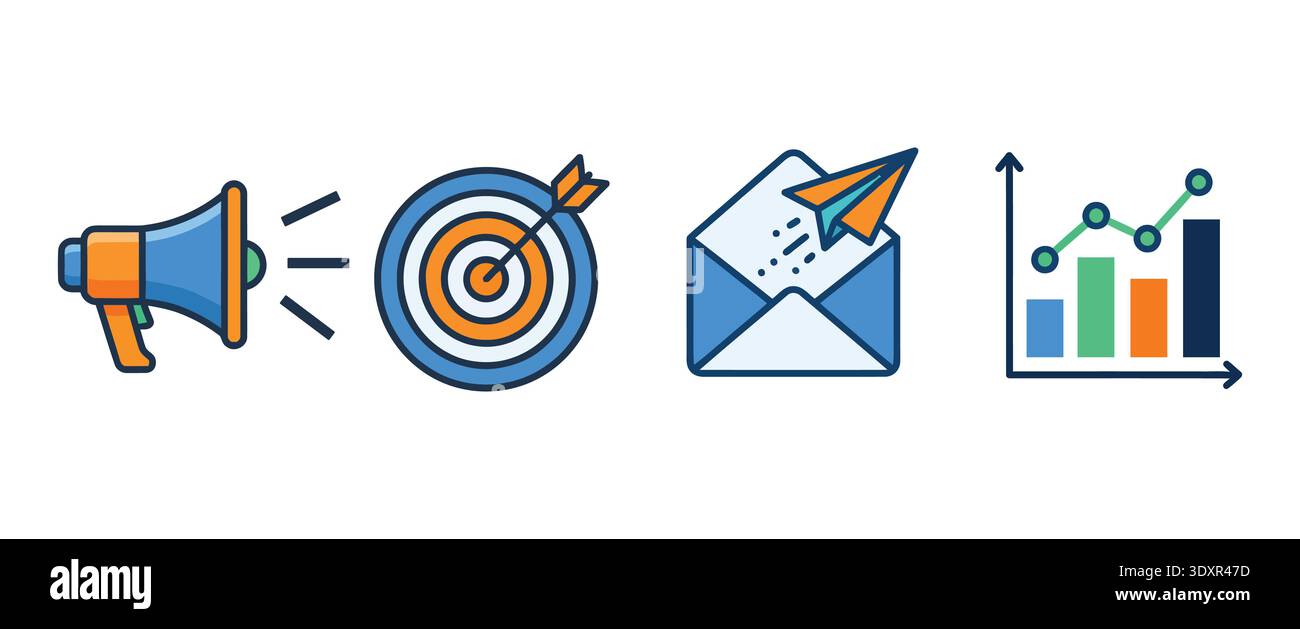Un set completo di quattro icone di marketing professionali che rappresentano la promozione, il targeting degli obiettivi, le campagne e-mail e l'analisi dei dati. Queste grafiche colorate Illustrazione Vettoriale