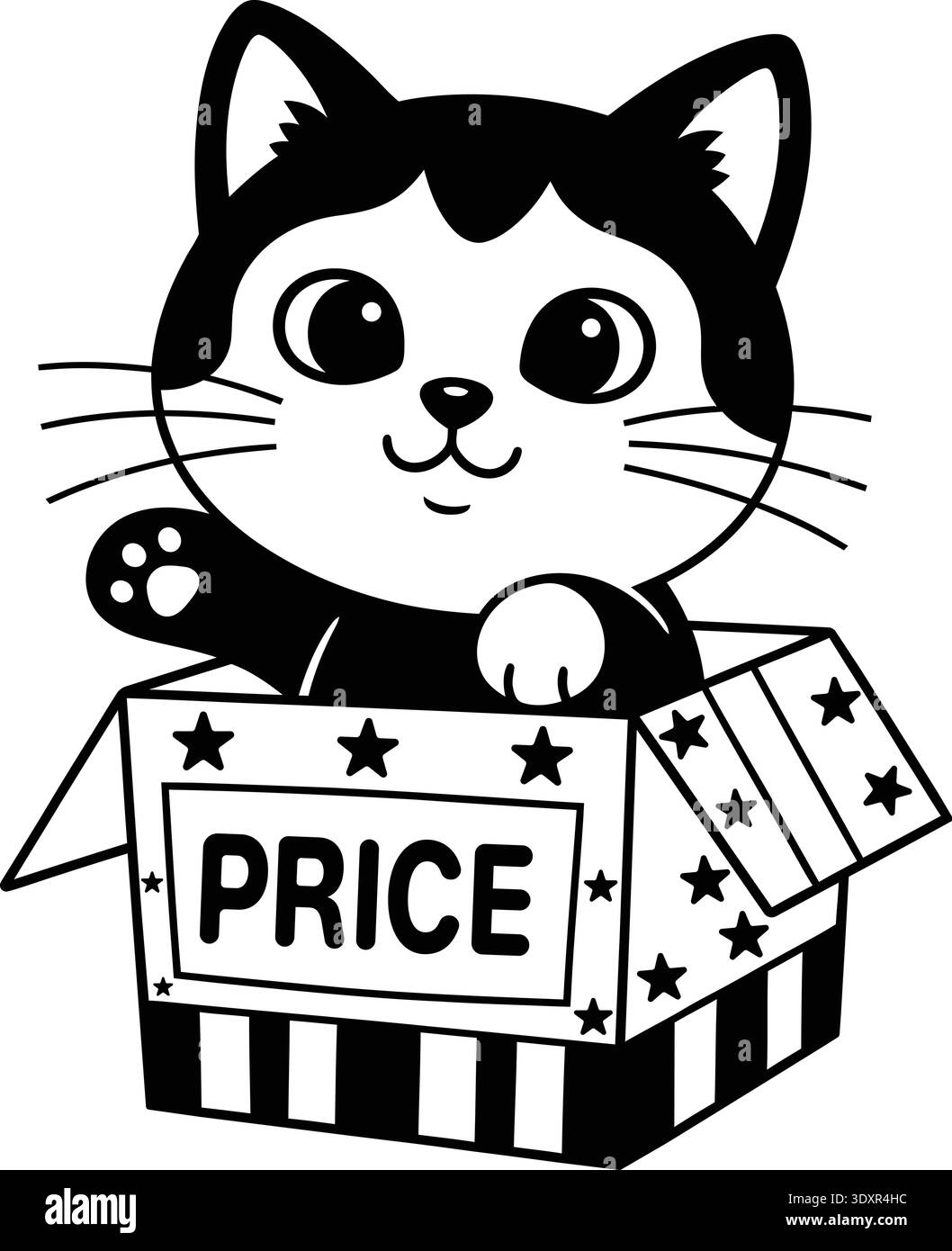Carino gatto carino in bianco e nero che sbircia da una scatola con etichetta "PREZZO" e decorazioni a stelle Illustrazione Vettoriale