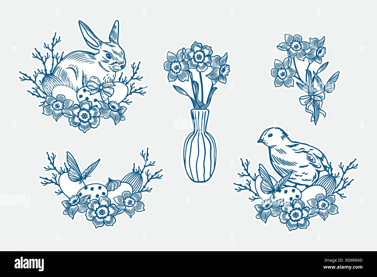 Adesivi pasquali con coniglietto, pulcino, fiori primaverili, uova decorate e farfalle. Illustrazione vettoriale disegnata a mano in stile line art. Blu monocromatico Illustrazione Vettoriale