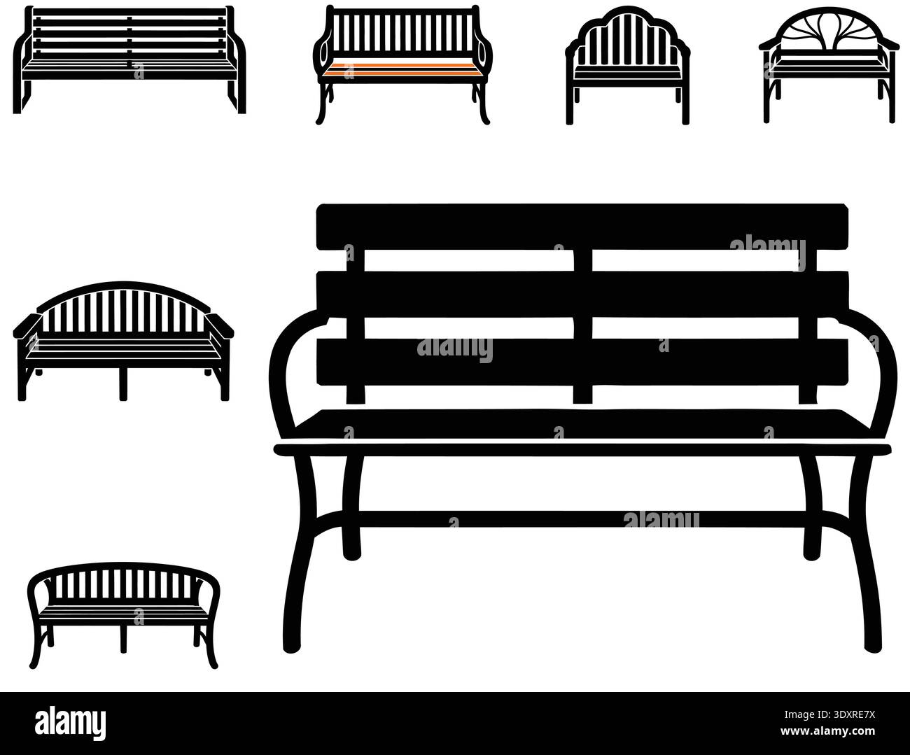 Set di silhouette da parco con giardino all'aperto, set di silhouette da banco Black Park Illustrazione Vettoriale