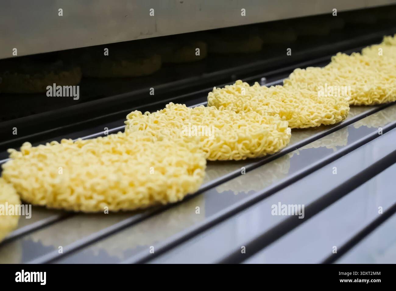 Linea di produzione istantanea di spaghetti. porzioni di spaghetti sul trasportatore, industria alimentare di massa. Foto Stock