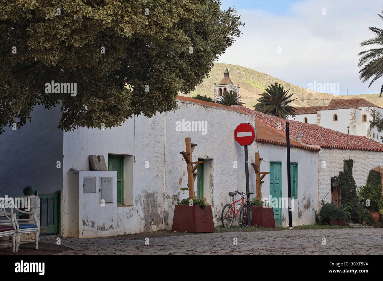 Vista di una piccola strada con una casa bianca, porta verde e un cartello a senso unico circondato da alberi Foto Stock