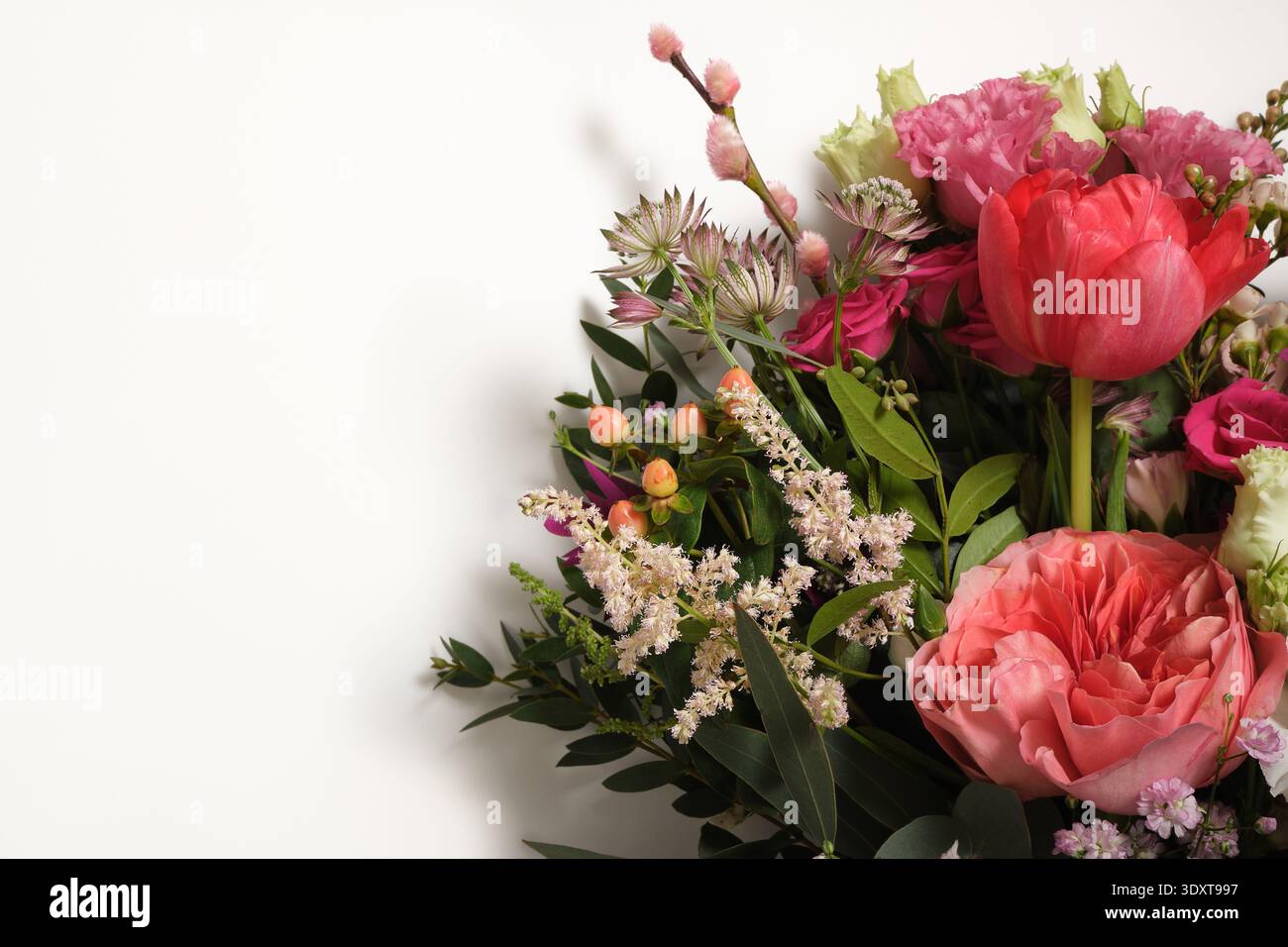 Sfondo floreale con rose rosa, tulipani e bacche di hypericum. Spazio per il testo. Foto Stock