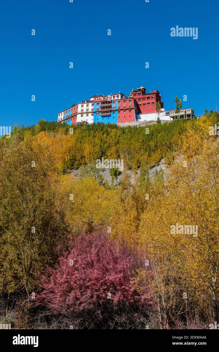 Monastero di Matho arroccato su una collina sopra strati di colorata vegetazione autunnale e alberi in primo piano. Foto Stock