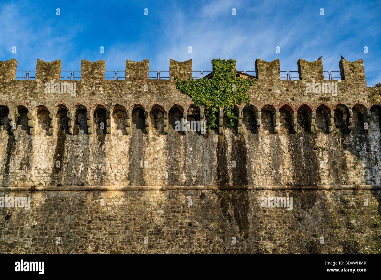 Una vista ravvicinata che mette in risalto l'imponente architettura militare della Fortezza di Sarzanello. La foto mostra la pietra cu Foto Stock