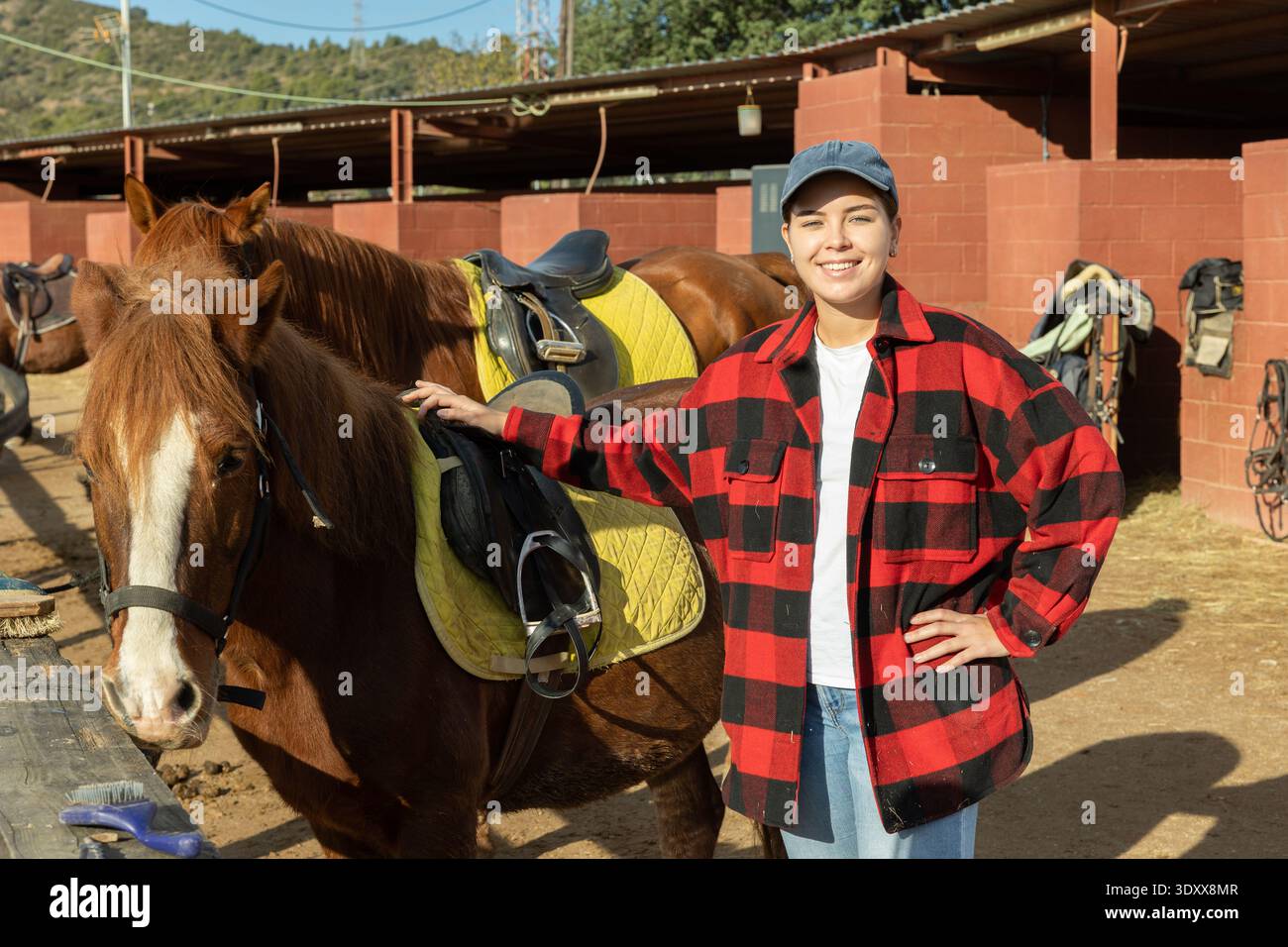 Ritratto di giovane donna sorridente europea che regola sella di cavallo prima di cavalcare in country club Foto Stock