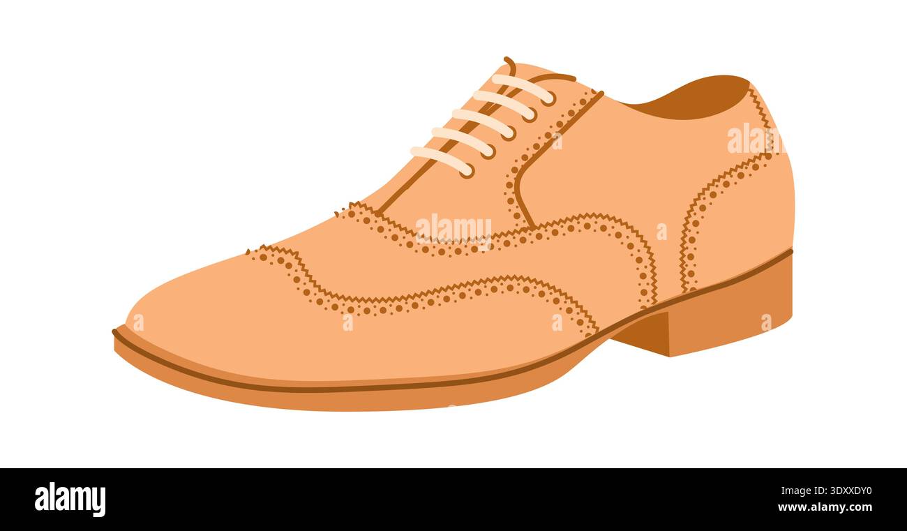 Scarpa Brogue beige piatta con punta ad aletta. Calzature in pelle traforata con classica punta alare elegante e casual per l'ufficio. Illustrazione tecnica CAD mockup vettore di schizzo isolato su sfondo bianco. Illustrazione Vettoriale