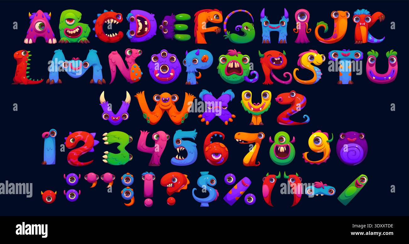 Font bugaboo Cartoon, tipo mostri, carattere buffo bogle, lettere alfabetiche dello spaventapasseri inglesi, segni di punteggiatura e numeri mostrano creature fantasiose e divertenti per i bambini Illustrazione Vettoriale