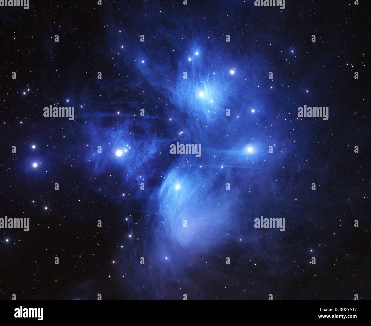 L'ammasso stellare delle Pleiadi con nebulose a riflessione blu nella costellazione del Toro. Foto Stock