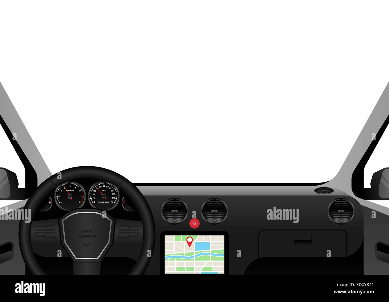 Vista interna di un'auto. Interni della vettura con volante e cruscotto della vettura. Illustrazione vettoriale. Illustrazione Vettoriale