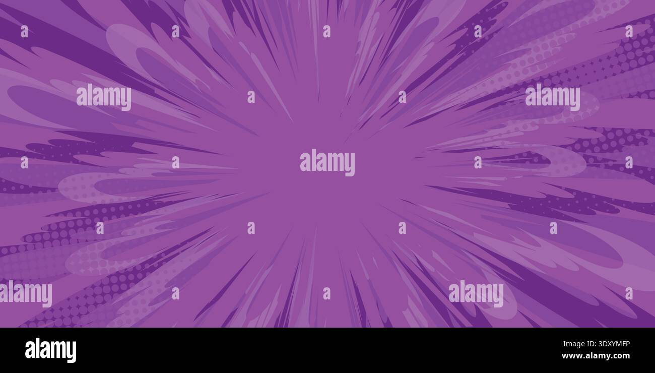 Sfondo viola dei fumetti. Design anime con esplosione di mezzitoni radiali viola. Sfondo d'azione dinamico di un supereroe pop art Illustrazione Vettoriale