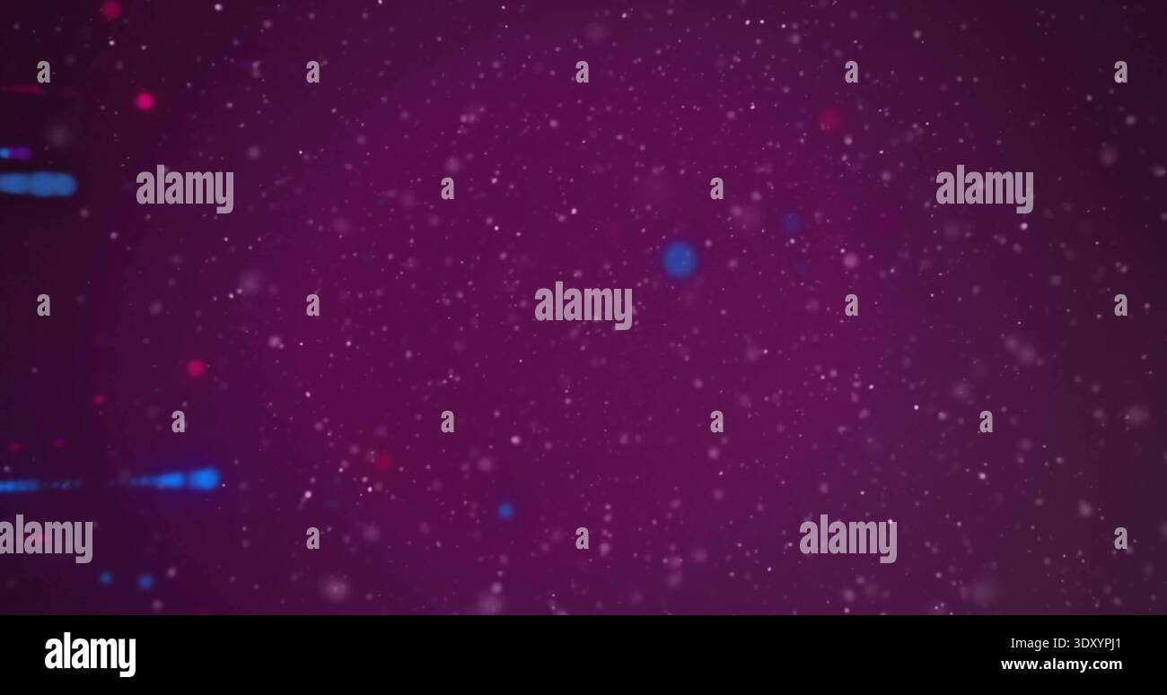 Profondità di formazione del campo di particelle incandescente in gradiente magenta, con piccoli segni bianchi e bokeh blu-rosso Foto Stock