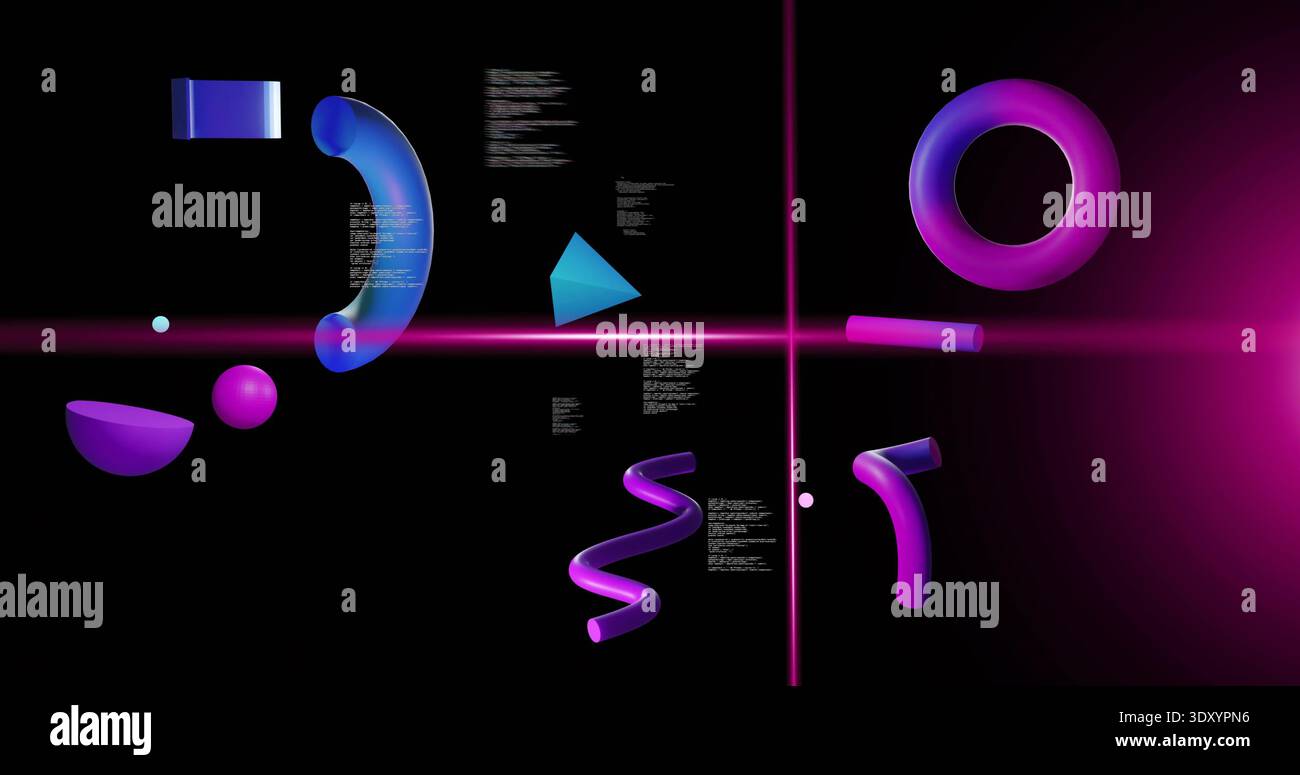 Forme geometriche 3D fluttuanti a luce neon e croce di luce magenta nel vuoto nero, con testo bianco Foto Stock