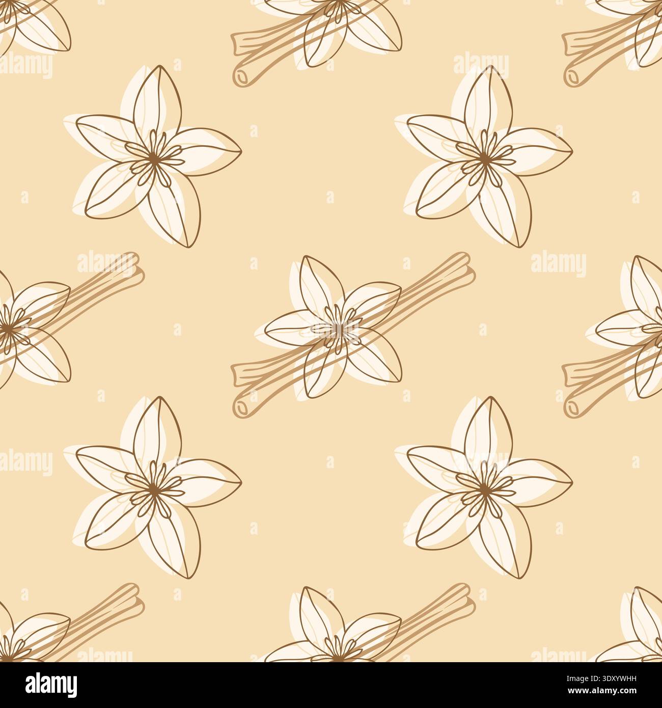 Motivo vettoriale senza cuciture con fiori di anice stellato e bastoncini di cannella in stile art minimalista su sfondo beige. Illustrazione vettoriale Illustrazione Vettoriale