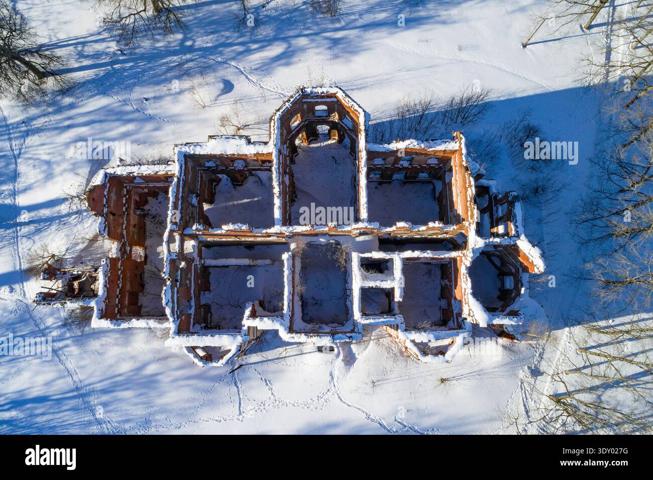 Vista dall'alto delle rovine dell'antico palazzo Potemkin in un giorno di febbraio. Il villaggio di Gostilitsy. Regione di Leningrado, Russia Foto Stock