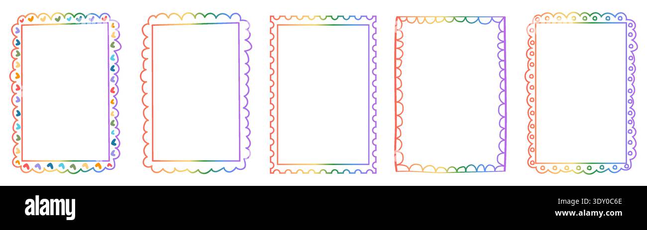 Set di cornici rainbow sfumate retrò con bordi smerlati disegnati a mano. Contorni colorati e giocosi con scarabocchi e spigoli Illustrazione Vettoriale
