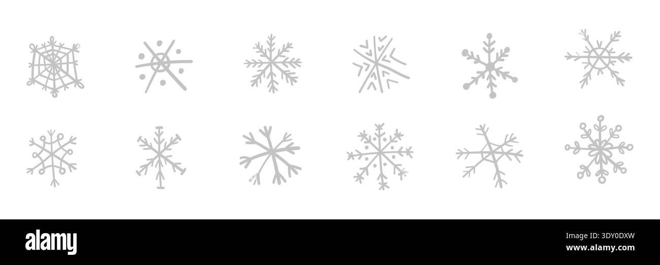 Icone invernali in cristallo di neve in elegante stile art. Vettori disegnati a mano con fiocco di neve, perfetti per le feste, gli ornamenti ghiacciati e le decorazioni natalizie dal fascino freddo. Illustrazione Vettoriale