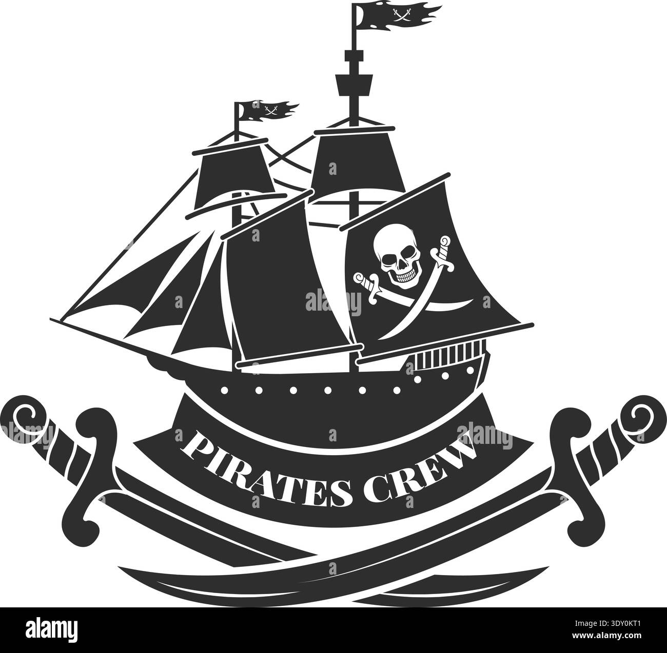 Logo Pirate Crew. Emblema nero della nave a vela Illustrazione Vettoriale