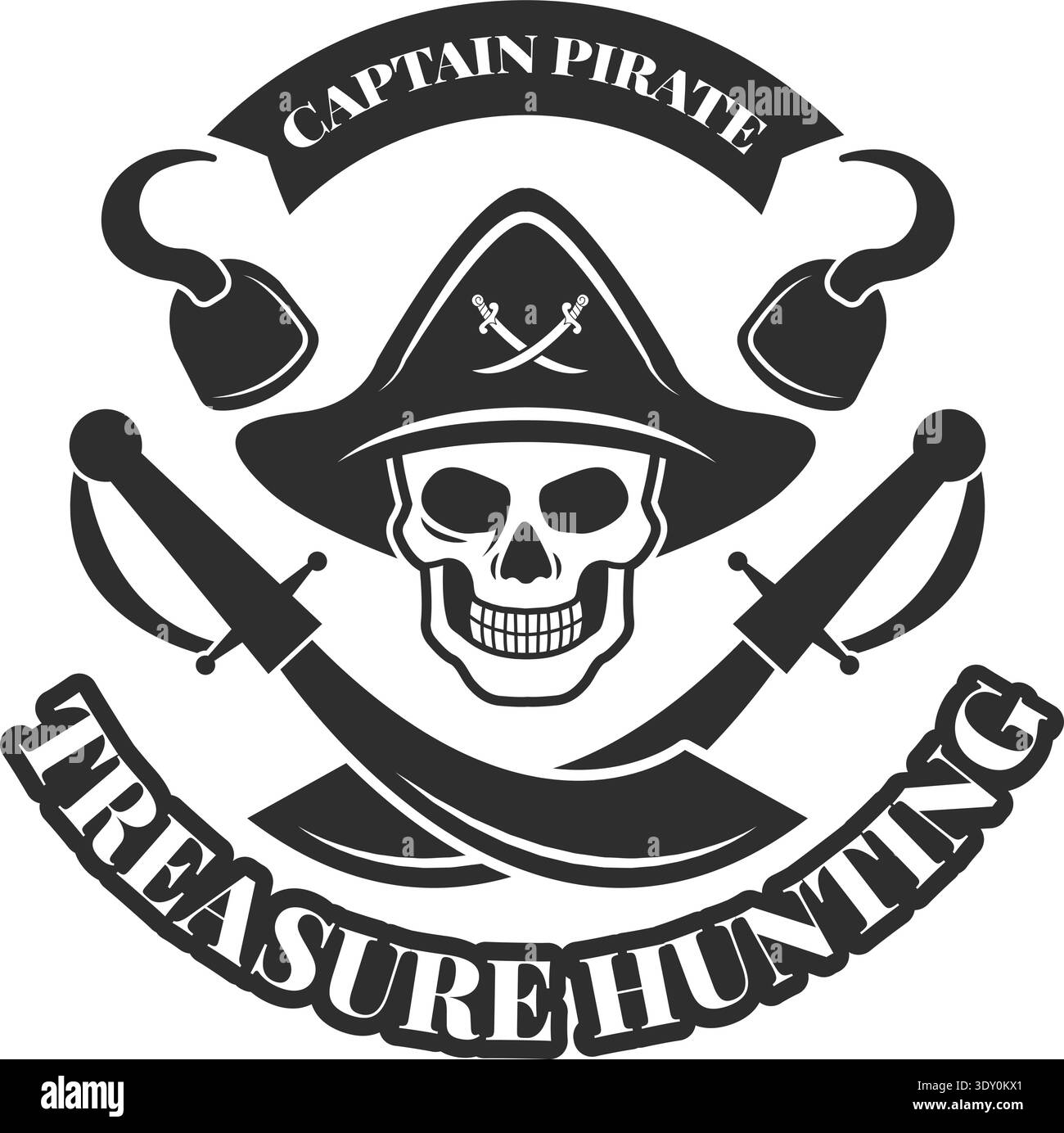 Etichetta nera per la caccia al tesoro. Capitano cranio pirata Illustrazione Vettoriale