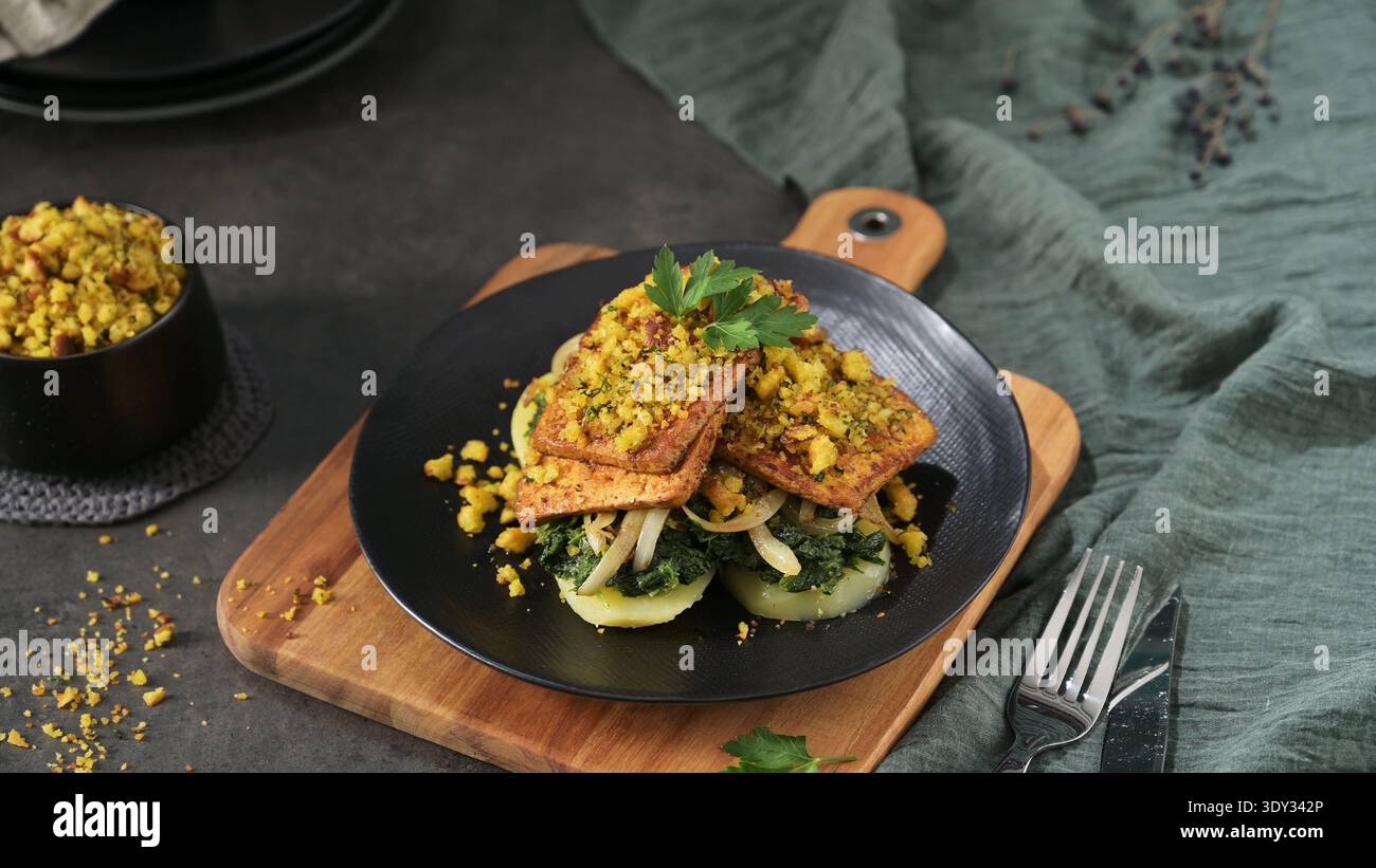 Le bistecche di tofu impanate dorate sono servite su un letto di spinaci e patate a fette. Il piatto presenta un'estetica rustica e sobria con leggeri accendisigari laterali Foto Stock