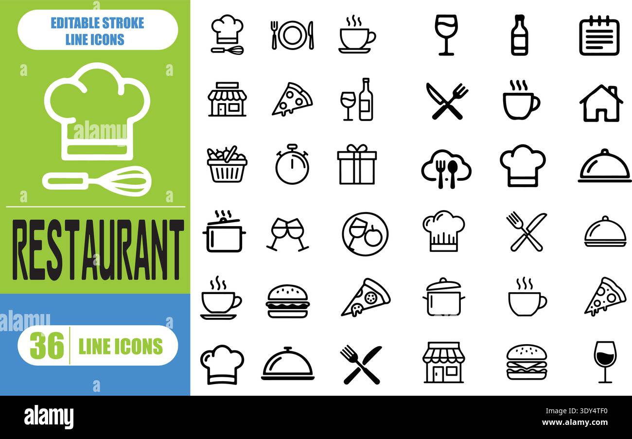 Raccolta di icone di traccia modificabile per il ristorante. Set di icone con linee sottili. Semplice illustrazione vettoriale Illustrazione Vettoriale