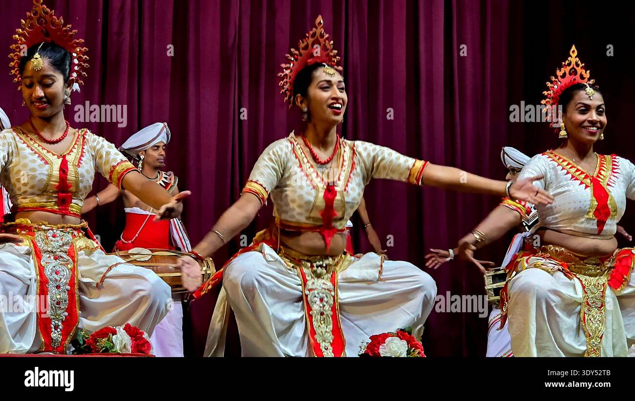 Uno spettacolo di danza culturale in Sri Lanka è una popolare attrazione turistica, che mostra il ricco patrimonio del paese attraverso la musica tradizionale, la danza e la batteria. Questi spettacoli spesso presentano danze provenienti da diverse regioni dello Sri Lanka, tra cui la famosa danza Kandyan, la danza del diavolo e le danze popolari. Kanday, Sri Lanka. Foto Stock