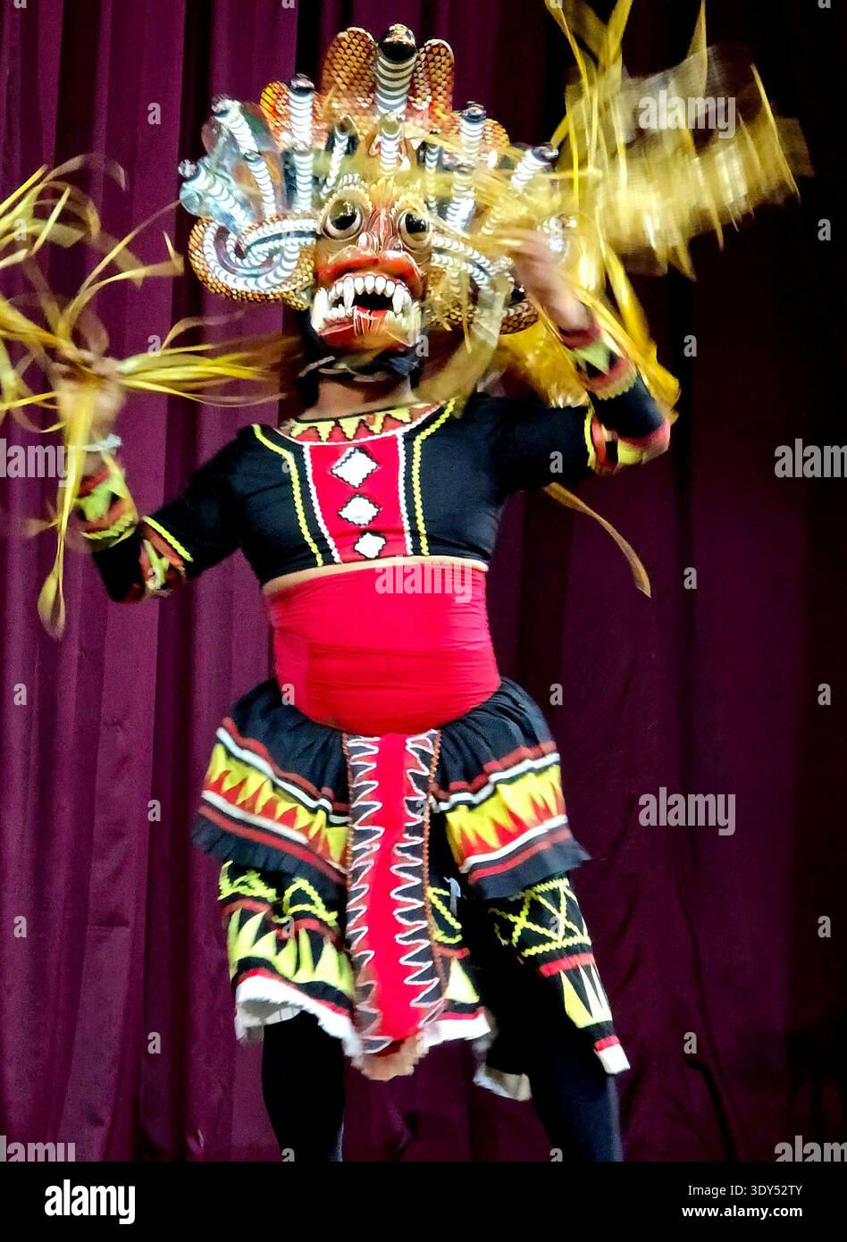 Uno spettacolo di danza culturale in Sri Lanka è una popolare attrazione turistica, che mostra il ricco patrimonio del paese attraverso la musica tradizionale, la danza e la batteria. Questi spettacoli spesso presentano danze provenienti da diverse regioni dello Sri Lanka, tra cui la famosa danza Kandyan, la danza del diavolo e le danze popolari. Kanday, Sri Lanka. Foto Stock
