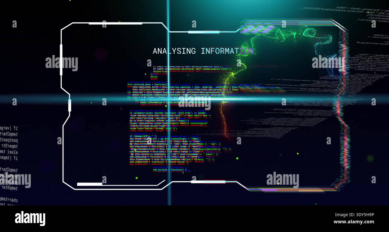Visualizzazione del pannello HUD che mostra INFORMAZIONI DI ANALISI, codice, forma d'onda verde, riflesso ciano nella console Foto Stock