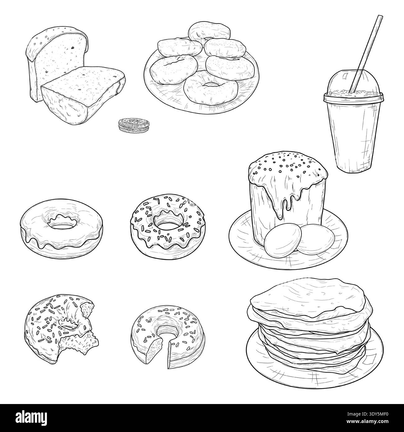 Dolci dolci pasquali e pancake per Maslenitsa, un set di schizzi disegnati a mano. Illustrazione vettoriale. Ciambelle ghiacciate e torte pasquali, una collezione isola Illustrazione Vettoriale