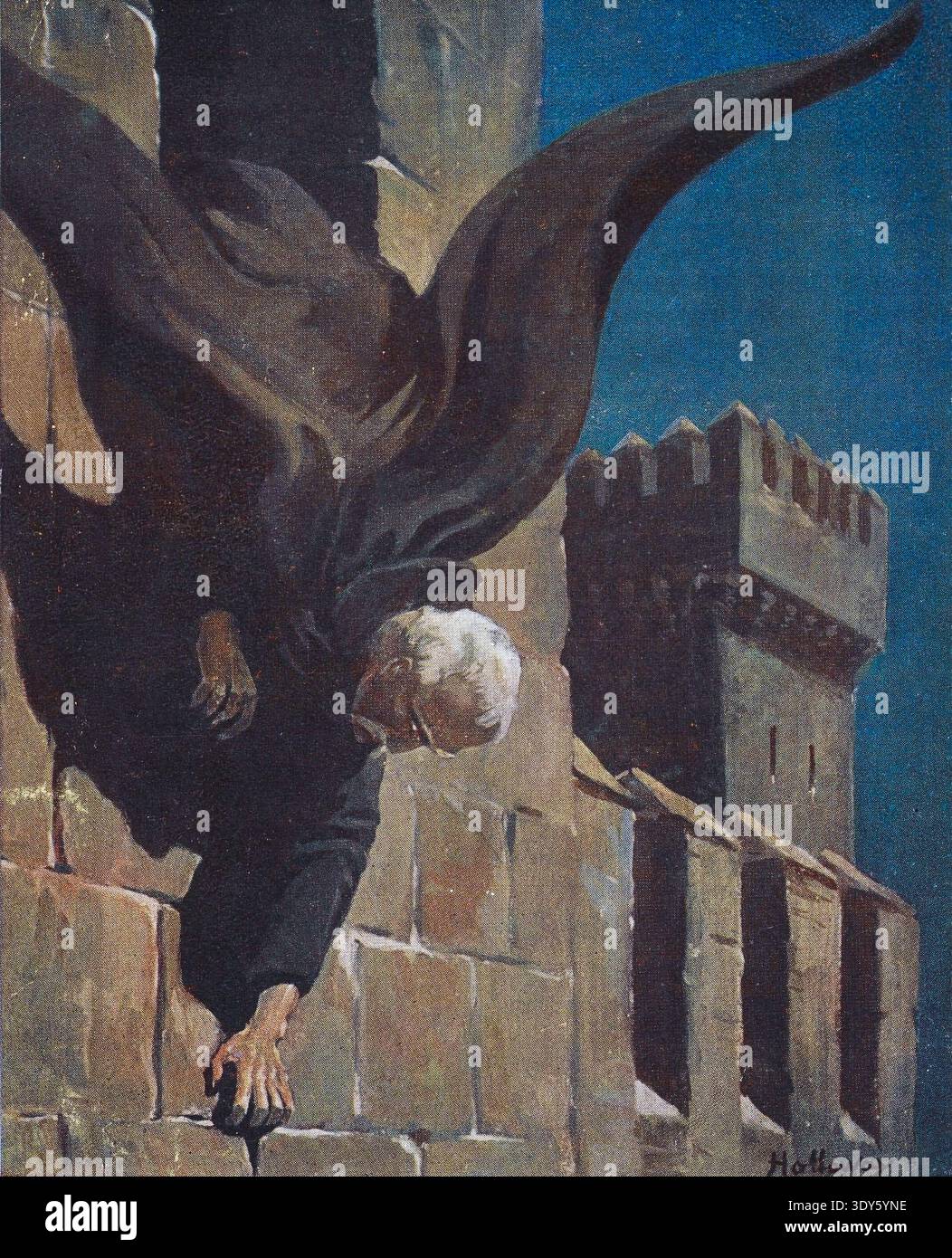 Il conte-vampiro Dracula si muove come una lucertola lungo il muro del suo castello. Illustrazione di copertina di Holloway per la tredicesima edizione del romanzo di Bram Stoker (Londra, William Rider & Fils, 1919). Foto Stock