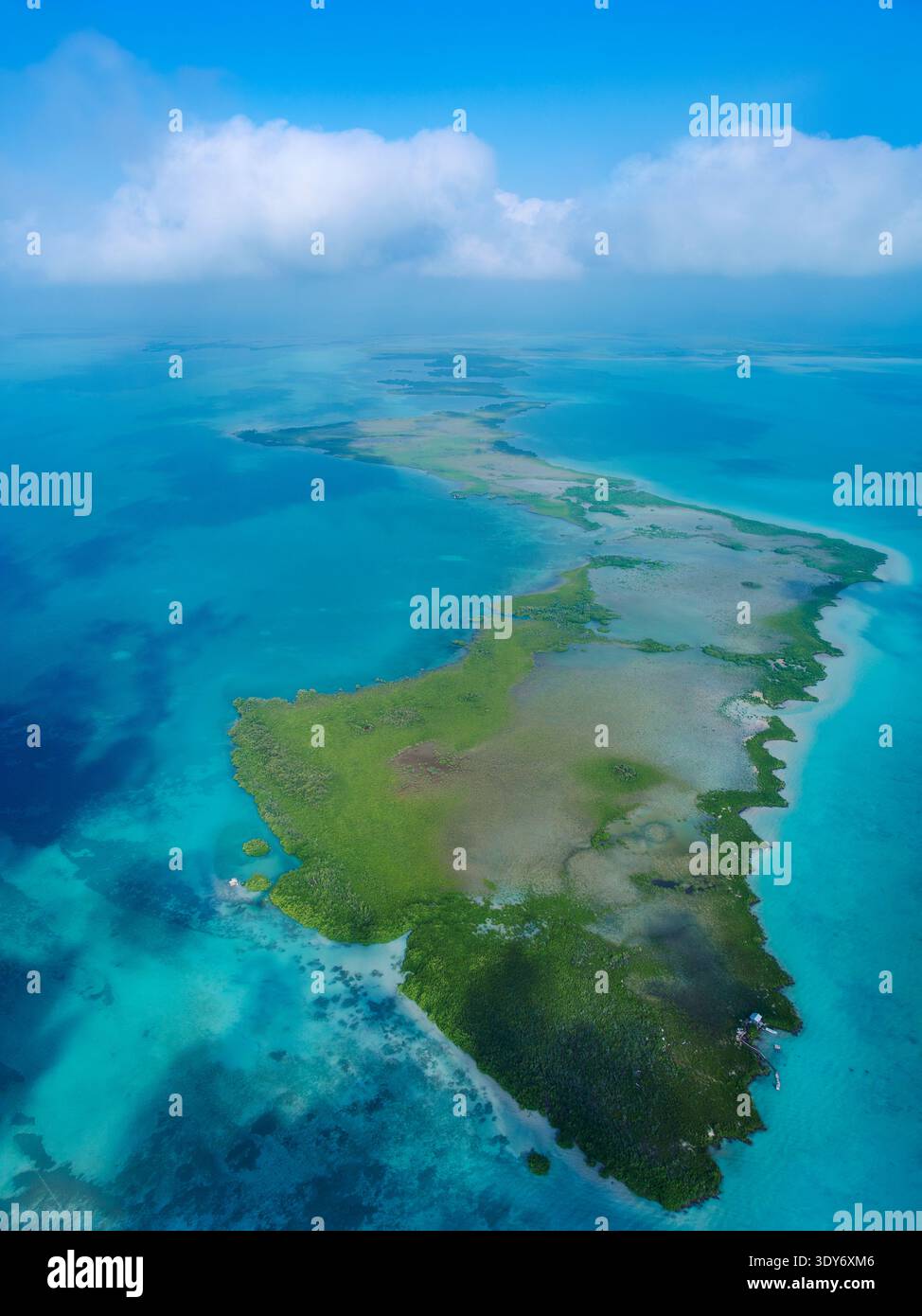 Vista di Hicks Cayes dall'alto in Belize con acque cristalline e formazioni di terra verde Foto Stock
