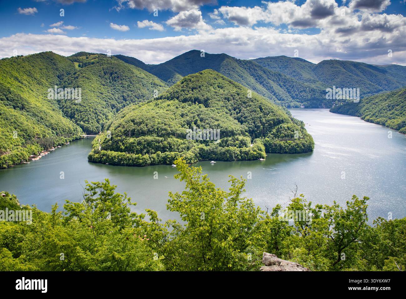 Vista aerea sul verde paesaggio estivo con lago e montagne in Romania Foto Stock