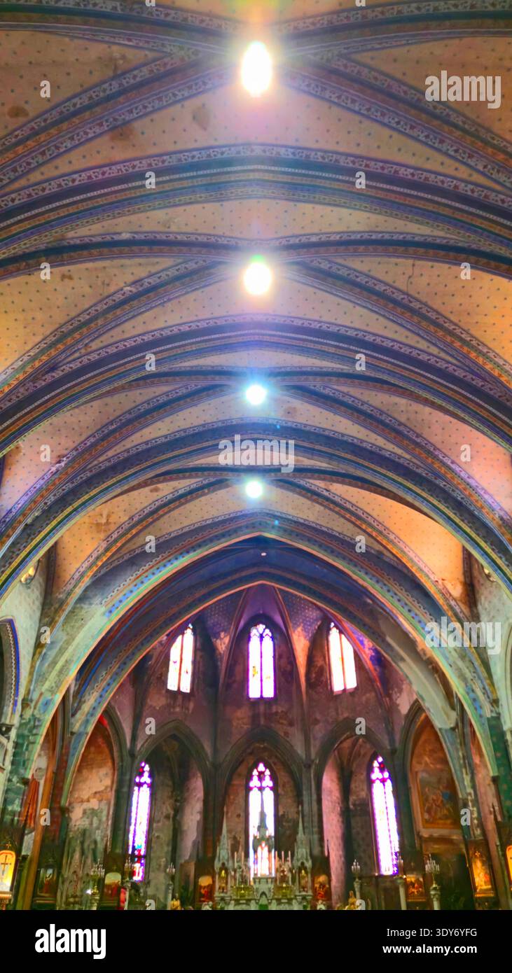 Gli interni della Cattedrale di Mirepoix presentano un'architettura intricata con archi e finestre colorate ad Ariege, Francia Foto Stock